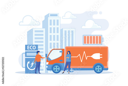 Eco-friendly elecrtic truck with plug charging battery at the charger station. Electric truck, eco-friendly logistics, modern transportation concept. flat vector modern illustration