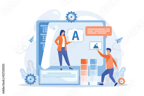 Programmers at computer using low code platform on computer, tiny people. Low code development, low code platform, LCDP easy coding concept.flat vector modern illustration