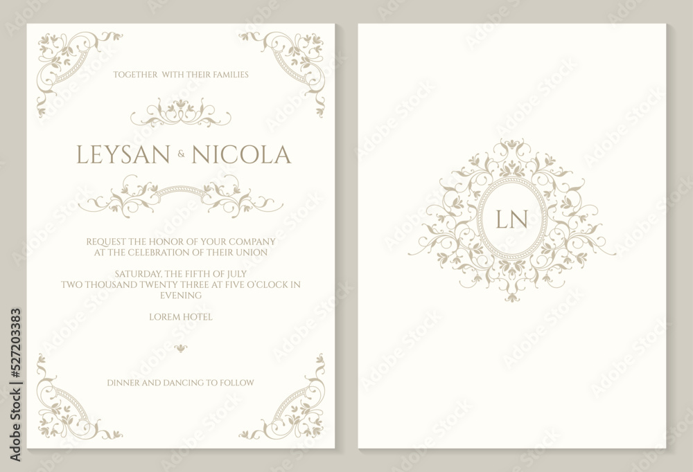 Elegant wedding invitation. Classic graphic elements. Frame with floral monogram. Ornamental border and monogram. Elegant wedding invitation. Classic graphic elements. Frame with floral monogram. Ornamental border and monogram.