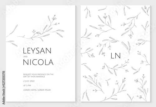 Wedding invitation template. Hand-drawn contoured twigs.