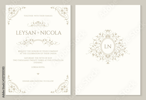 Elegant wedding invitation. Classic graphic elements. Frame with floral monogram. Ornamental border and monogram.