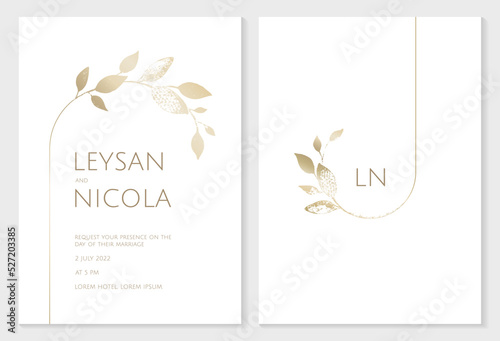 Elegant wedding invitation template. Gold textured twigs -frames. Hand-drawn leaves.