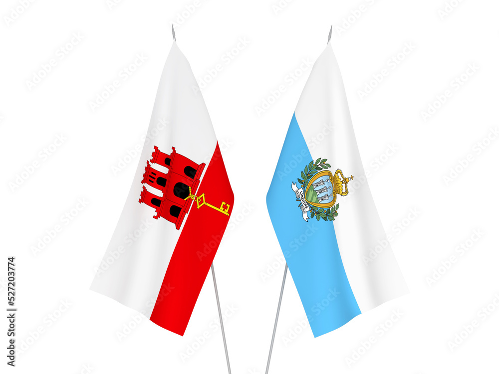 National fabric flags of Gibraltar and San Marino isolated on white background. 3d rendering illustration. National fabric flags of Gibraltar and San Marino isolated on white background. 3d rendering illustration.