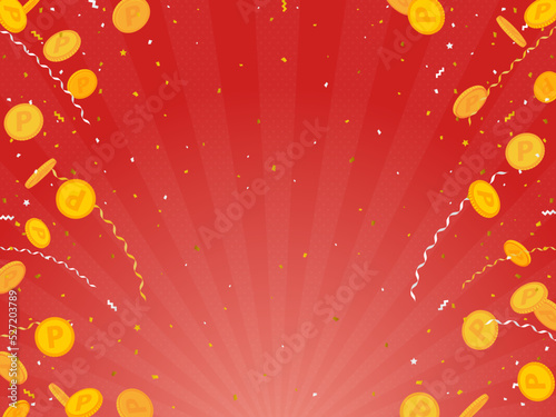 コインと紙吹雪、テープの舞い散る赤色背景（横向き）