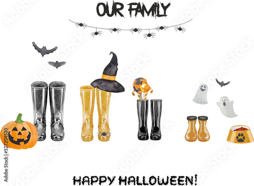 Halloween family print concept with watercolor wellies boots for four. Black and orange rain boots collection. Rubber boots Halloween concept. Decoration family card on white background.