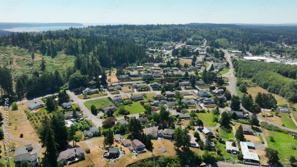 Wide drone shot of the Freeland community on Whidbey Island.