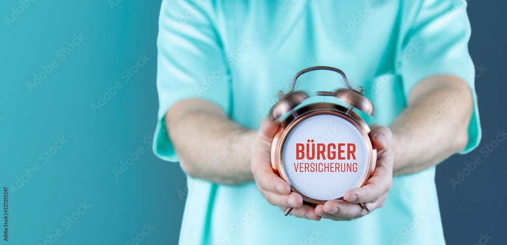 Bürgerversicherung. Doktor zeigt Uhr/Wecker mit Text. Hintergrund blau Bürgerversicherung. Doktor zeigt Uhr/Wecker mit Text. Hintergrund blau