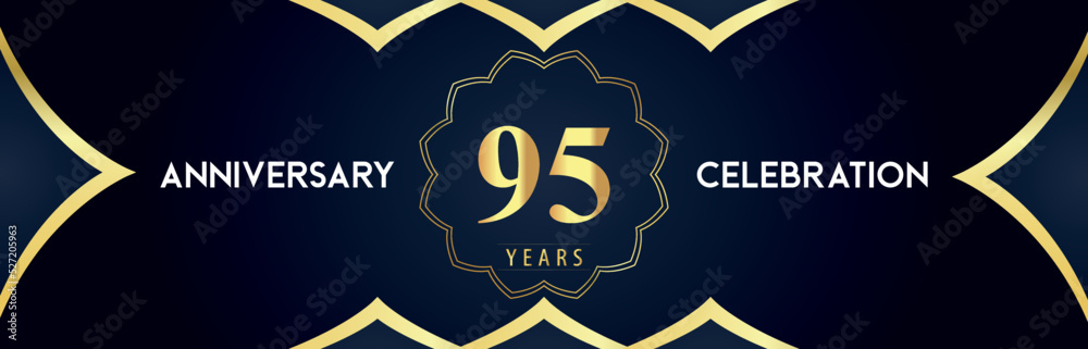 95 years anniversary celebration logo with gold decorative frames on dark blue background. Premium design for booklet, banner, weddings, happy birthday, greetings card, graduation, ceremony, jubilee. 95 years anniversary celebration logo with gold decorative frames on dark blue background. Premium design for booklet, banner, weddings, happy birthday, greetings card, graduation, ceremony, jubilee.
