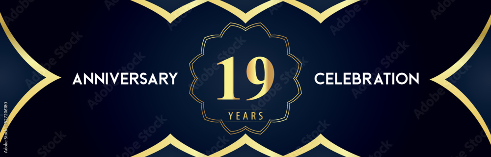 19 years anniversary celebration logo with gold decorative frames on dark blue background. Premium design for booklet, banner, weddings, happy birthday, greetings card, graduation, ceremony, jubilee.