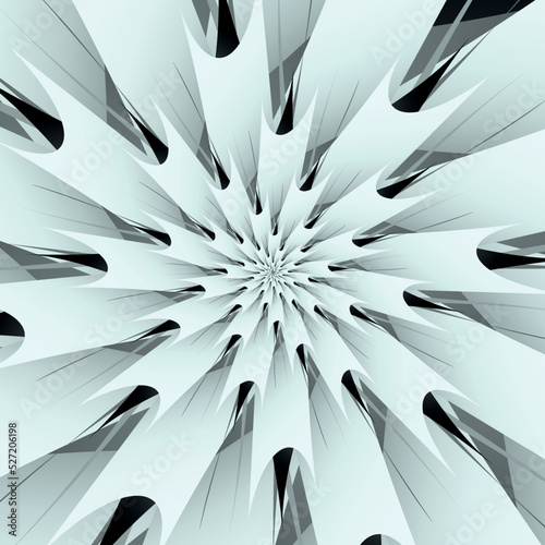 Unusual modern abstract flower illustration or pattern with geometric sharp petals in gradient black, white and gray colors. Fantastic abstract symmetrical flower with petals