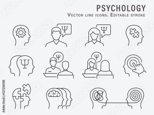 Psychology icons, such as brain, therapy, psychologist, depression and more. Editable Stroke. Vector illustration.