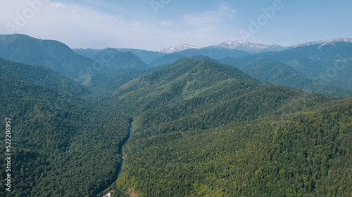 Aerial mountain landscape and river natural scenery in Russia  Adygea  Guzeripl  Plateau Lago-Naki.