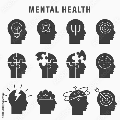 Mental health icons, such as brain, mind, anxiety, depression and more. Vector illustration.