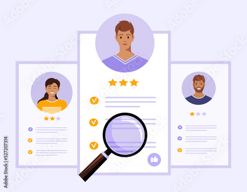 Selection of a new employee, job search forms, resume, job application concept. Сhooses the best candidate.