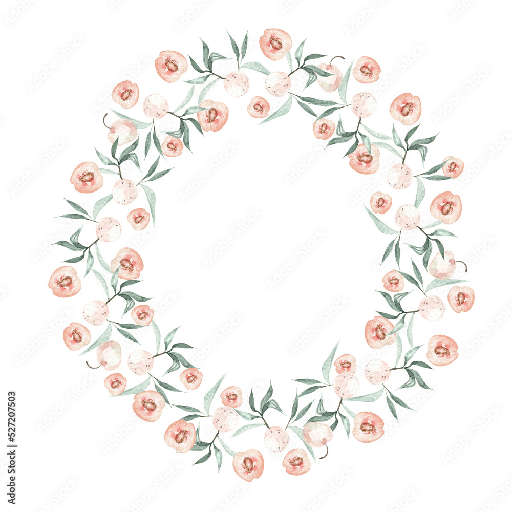 Watercolor wreath with green leaves and peaches. Illustration