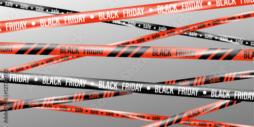 Ribbons for Black Friday sale. Template with Realistic crossing tapes for Black Friday. Stripes with border for sale. Banner with red, black ribbons. Flyer for discount, promotion, shopping. Graphic photo