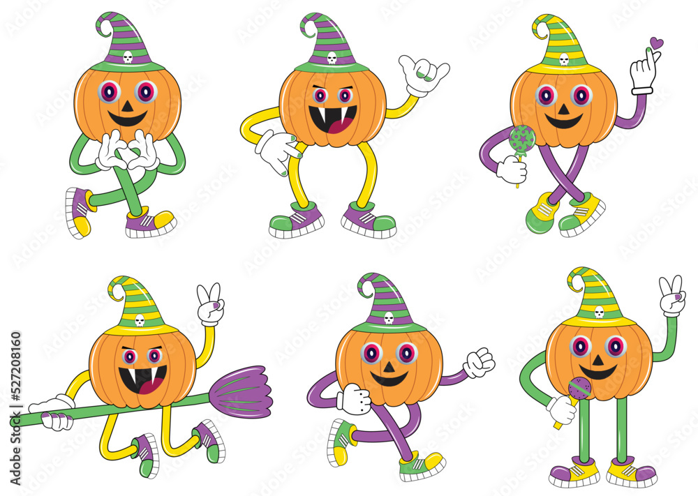 Halloween pumpkin character set in cartoon comic style. Happy halloween greeting with pumpkins. Halloween set of patches in cartoon comic style. Vintage Halloween pumpkin character design. Halloween pumpkin character set in cartoon comic style. Happy halloween greeting with pumpkins. Halloween set of patches in cartoon comic style. Vintage Halloween pumpkin character design.