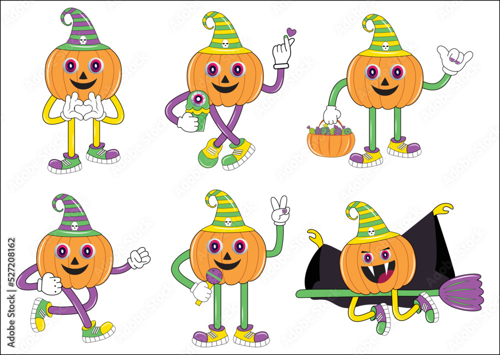Naklejka premium Halloween pumpkin character set in cartoon comic style. Happy halloween greeting with pumpkins. Halloween set of patches in cartoon comic style. Vintage Halloween pumpkin character design.