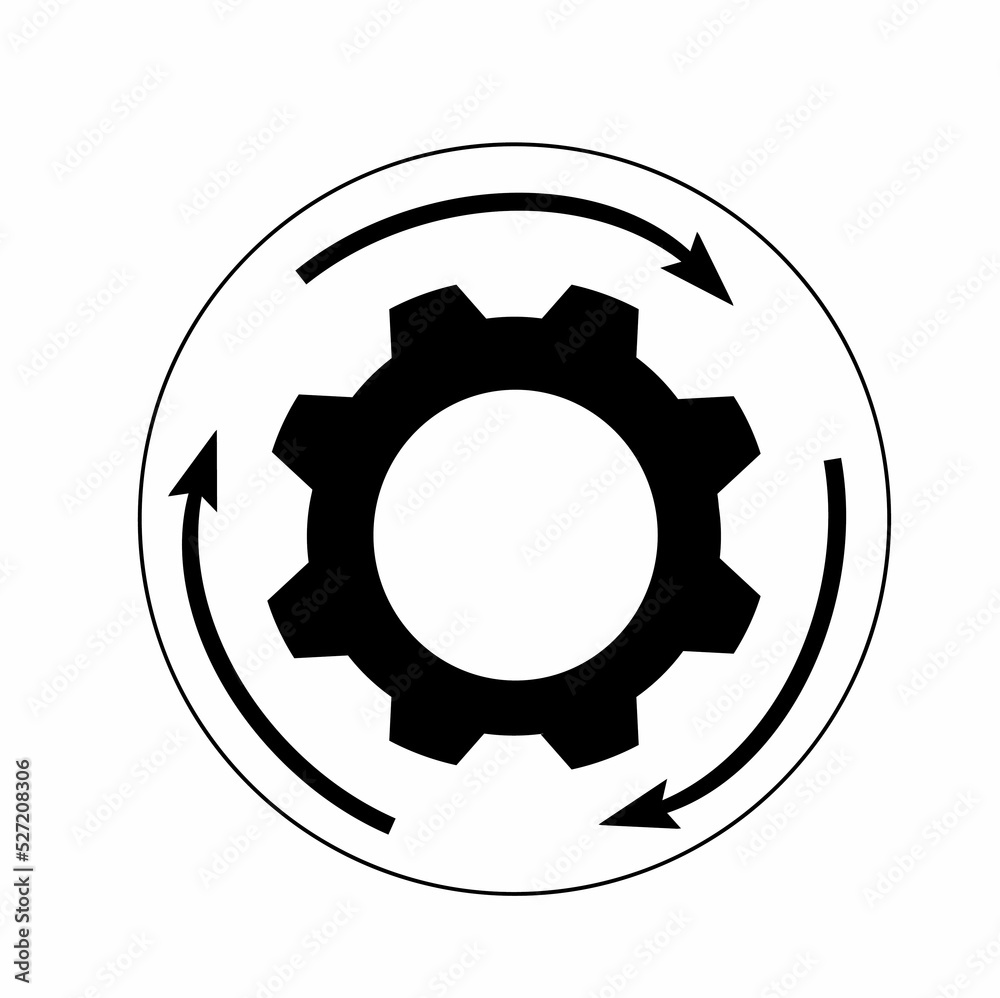 arrows and gear icon, business concept of workflow progress, background picture in black, isolated on white background