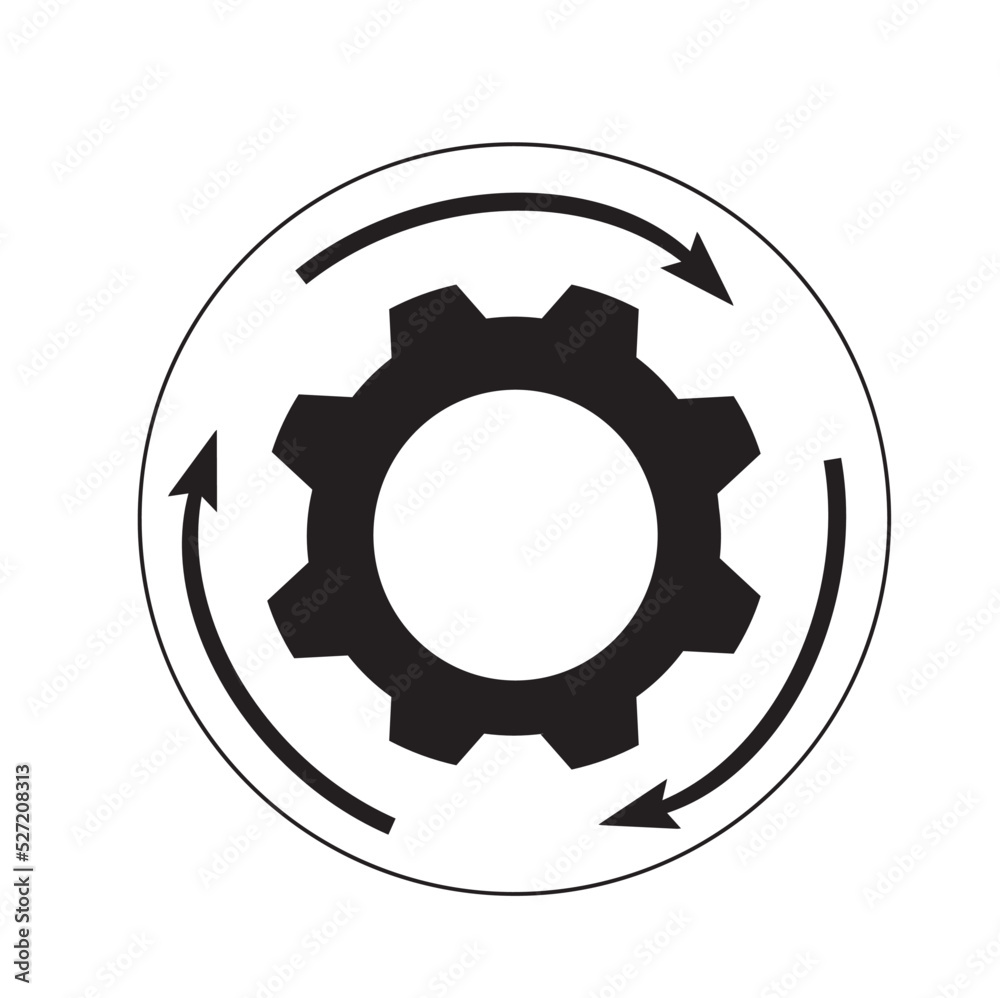arrows and gear icon, business concept of workflow progress, background picture in black, isolated on white background