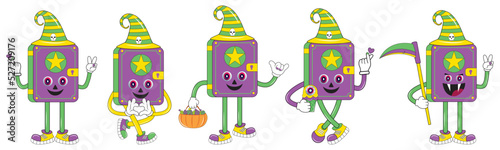 Vintage Halloween Mystery book character design.Halloween  Mystery book character set in cartoon comic style. Happy halloween greeting with  Mystery book. Halloween sticker pack.