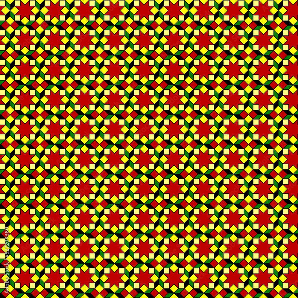 New Year, Christmas symbol eight-pointed stars, snowflakes, flowers seamless pattern in red, green and yellow colors New Year, Christmas symbol eight-pointed stars, snowflakes, flowers seamless pattern in red, green and yellow colors