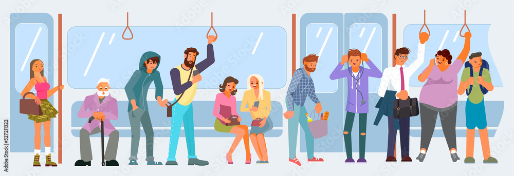 Obraz premium Different passengers inside crowded subway train illustration
