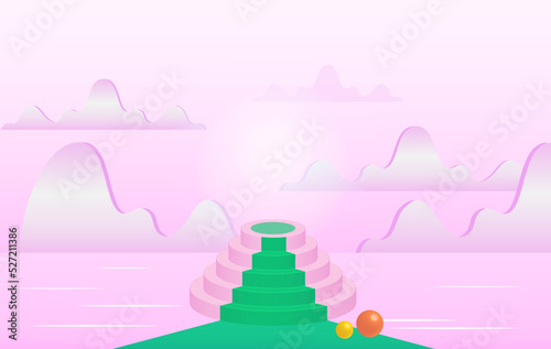 Catwalk, green carpet and geometric shapes in pink tones. An empty space for your design. 3d image.