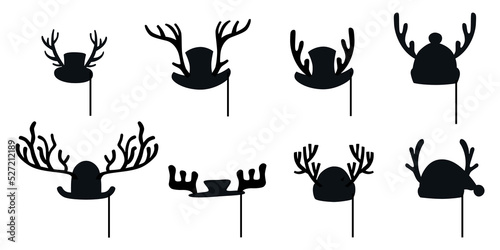 Christmas Santa hats with antlers set for photo prop box. Vector stock outline illustration isolated on white background for photo booth winter holiday industry. 