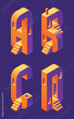 Vector font set made in 3d isometric shape with stairs and windows