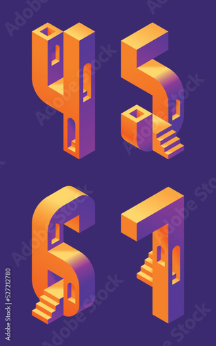 Vector font set made in 3d isometric shape with stairs and windows