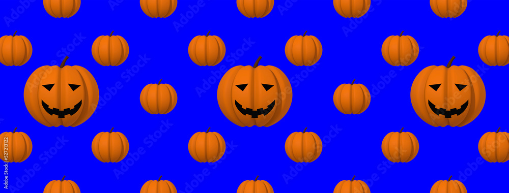 Naklejka premium pumpkins on a blue background. template for overlaying on the surface. pumpkin with a carved smile. Hellowin symbol. Banner for insertion into site. 3D visualization. 3D image