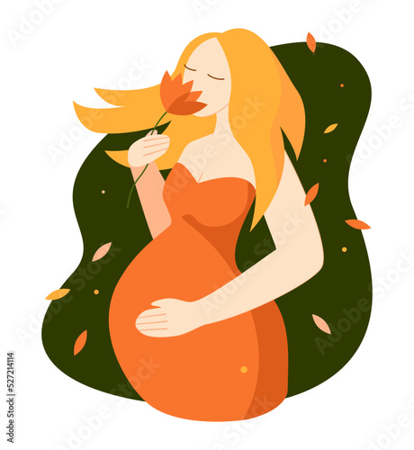 Beautiful pregnant woman. Autumn season. Concept of pregnancy and motherhood. Vector flat illustration