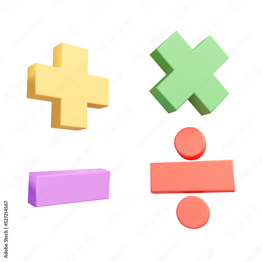 Fototapeta premium 3D Mathematic education symbols on isolated white background. Math operation concept. computation icon colorful Geometry shape, multicolored objects, 3D rendering.