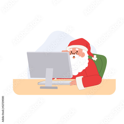 Santa claus is using computer. merry christmas. Vector illustration.