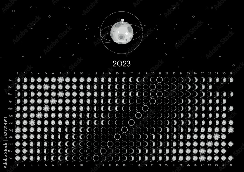 Moon Calendar 2023 Northern Hemisphere black - obrazy, fototapety, plakaty 