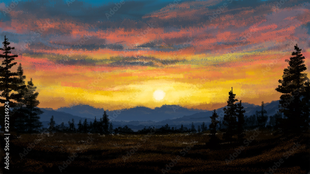 Sunset of pine forest with land and mountain.