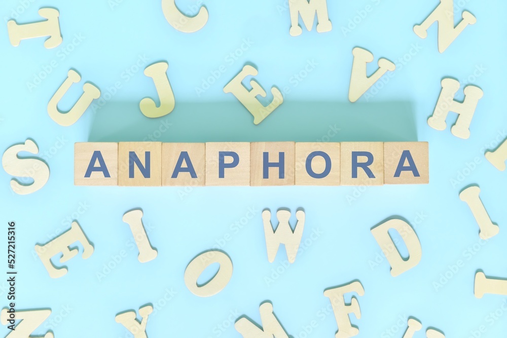 Anaphora figure of speech concept in English grammar class lesson. Wooden blocks typography flat lay in blue background.