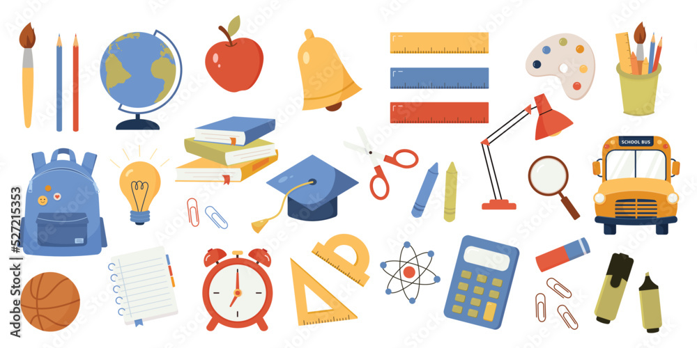 Big set of school supplies and items isolated on white background. Back to school elements. Education accessories. Vector illustration cartoon flat style Big set of school supplies and items isolated on white background. Back to school elements. Education accessories. Vector illustration cartoon flat style