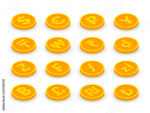 Foto Isometric gold coins icons set with world currency signs