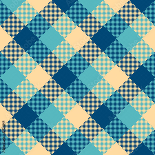 Autumn Plaid seamless patten. Vector checkered blue and beige plaid textured background. Traditional diagonal fabric print. Flannel fall plaid texture for fashion, print, design