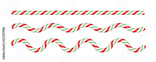 Christmas candy cane wave line with red, green and white striped. Xmas line with striped candy lollipop pattern. Christmas and new year element. Vector illustration isolated on white background.