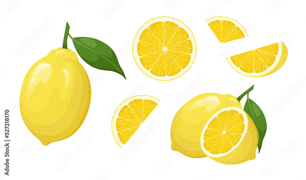 A set of ripe lemons on a white background. Cartoon design.
