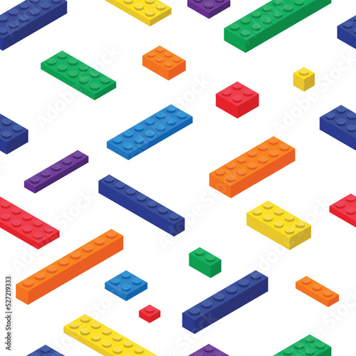 Colorful children plastic brick toy in isometric style seamless pattern. Plastic building blocks toy vector illustration isolated on white. Square building brick toy seamless vector. Plastic-brick toy