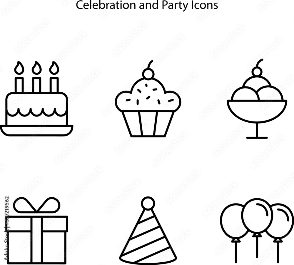 Birthday and celebration outlined icon set isolated on white background. Perfect for design element of party, anniversary event, and festival. Happy birthday icon.