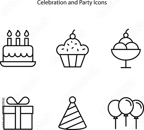 Birthday and celebration outlined icon set isolated on white background. Perfect for design element of party  anniversary event  and festival. Happy birthday icon.