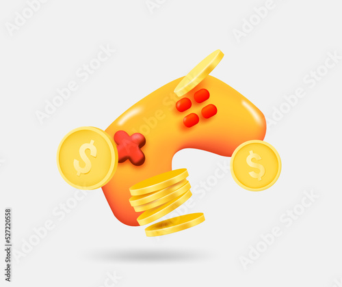 Gaming joystick with golden coins. Earning money with games concept. 3d vector isolated illustration