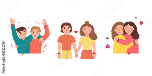 Set of happy friends in friendship bracelets vector flat illustration. International Friendship Day banner design. Smiling people isolated on white background. DIY wristband