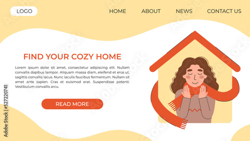 Happy girl in a scarf on the background of her house. Cozy home concept vector illustration. Landing page or website template