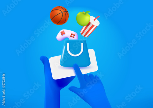 Making purchase online via application. 3d vector illustration